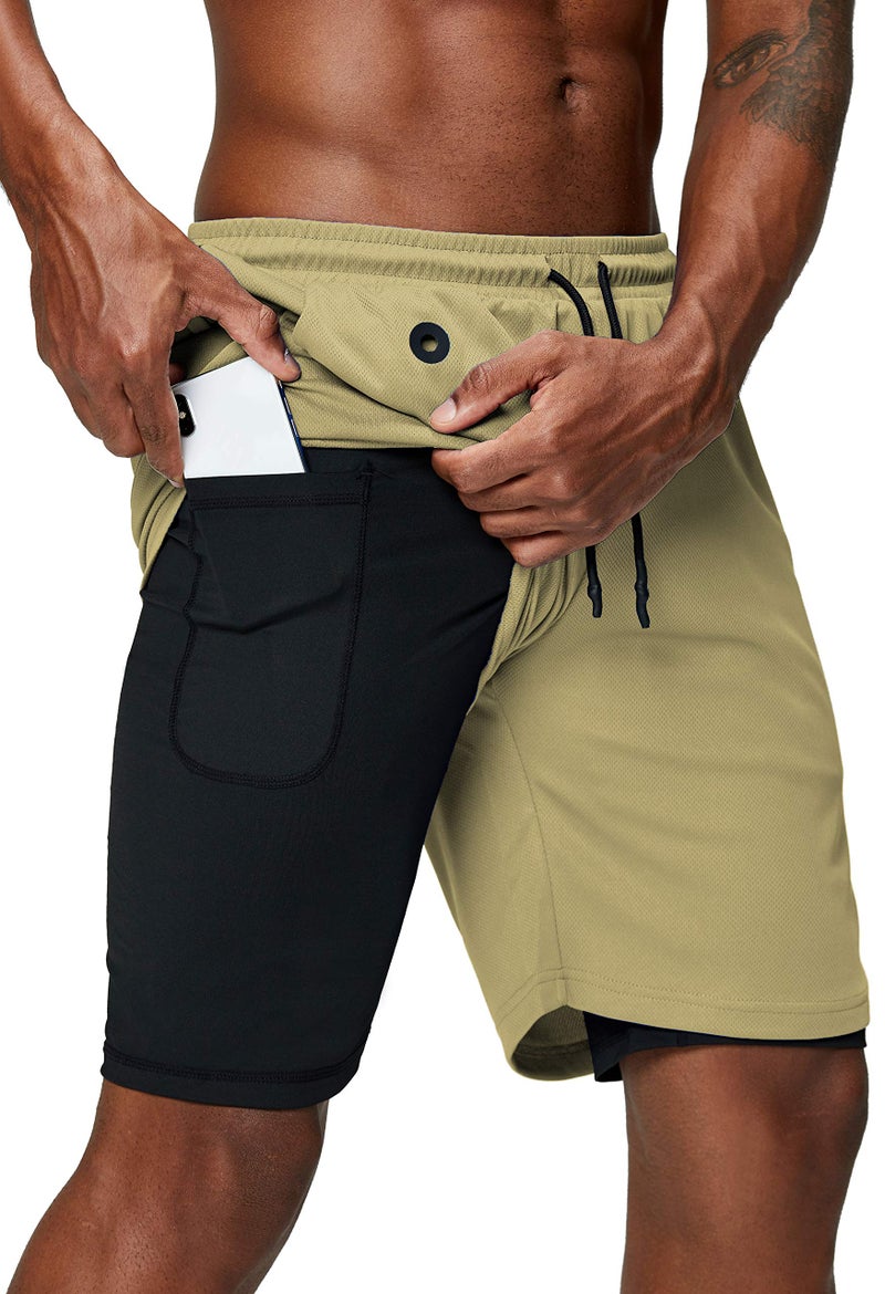 Pinkbomb Men's 2 in 1 Running Shorts Gym Workout Quick Dry Mens Shorts with Phone Pocket (Khaki, Large - Image 1